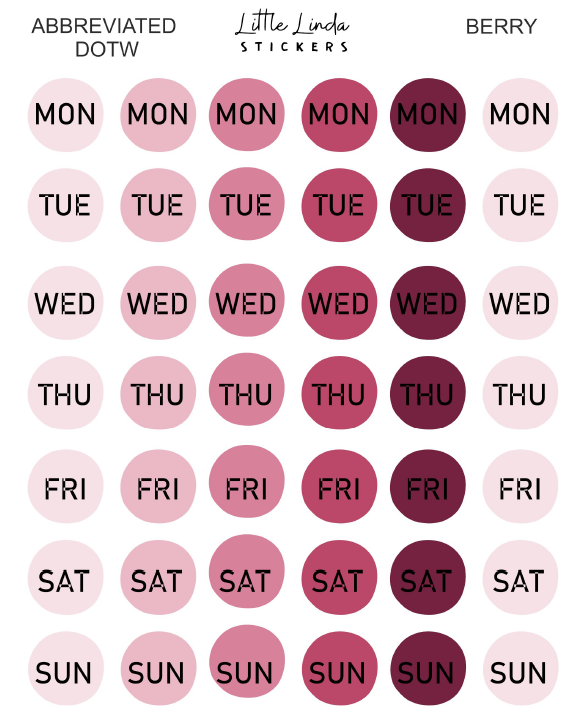 2027 | Days of the Week Dots | The Basic Edit planner stickers, Berry / Glossy
